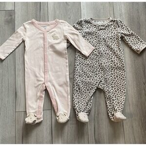 Carter's Infant Girls Footed Pajamas Size 6 Months Lot Of 2 Animal Print Pink